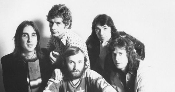Image in QuizMyDay Genesis Songs Quiz: Test Your Music Memory Today trivia quiz featuring Press photo of the band Genesis in 1976 to promote their album <i>A Trick of the Tail</i>. <a href="//commons.wikimedia.org/wiki/Category:Bill_Bruford" title="Category:Bill Bruford">Bill Bruford</a>, who was not part of the main Genesis lineup, was their touring drummer during this time. No copyright markings on the photo.