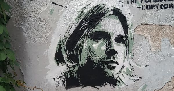 Image in QuizMyDay Nirvana at the Movies — Film & Soundtrack Trivia Quiz trivia quiz featuring street art by Accept  in Leiden which includes a quote from one of Kurt Cobain's journals: "‘I am not gay, although I wish I were, just to piss off homophobes" and a portrait of Kurt Cobain