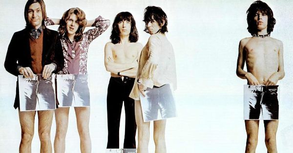 Image in QuizMyDay Rolling Stones Albums Quiz: From Debut Hits to Legendary Records trivia quiz featuring Photo of the Rolling Stones from a trade ad to promote their "Sticky Fingers" album.