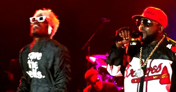 Image in QuizMyDay OutKast Albums Quiz: Test Your Hip-Hop History Skills trivia quiz featuring Andre 3000 and Big Boi performing at the Best Buy Theater in Times Square New York for the Advertising Week party.