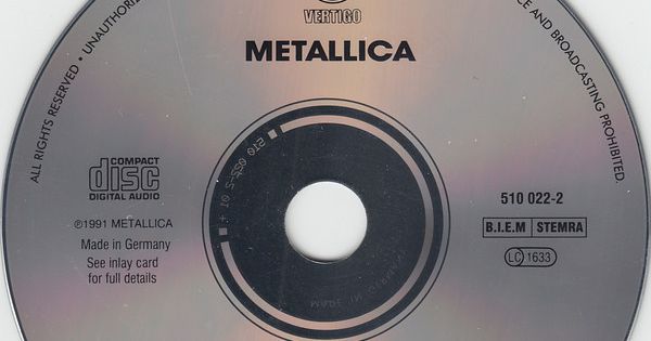 Image in QuizMyDay Metallica Song-to-Album Challenge: How Well Do You Know Their Discography trivia quiz featuring Compact disc of the <a href="https://en.wikipedia.org/wiki/Metallica" class="extiw" title="en:Metallica">Metallica</a> fifth studio album <i><a href="https://en.wikipedia.org/wiki/Metallica_(album)" class="extiw" title="en:Metallica (album)">Metallica</a></i> (1991).