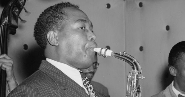 Image in QuizMyDay Bird Is the Word: The Ultimate Charlie Parker Quiz trivia quiz featuring Portrait of Tommy Potter, Charlie Parker, Max Roach (almost hidden by Parker), Miles Davis, and Duke Jordan (from left to right), Three Deuces, New York, N.Y.