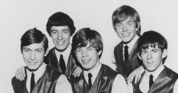 Image in QuizMyDay Classic Rock Quiz Challenge: Name Song by Artist Now (Easy) trivia quiz featuring The Rolling Stones in July 1963. From left: Charlie Watts, Bill Wyman, Mick Jagger, Brian Jones, Keith Richards