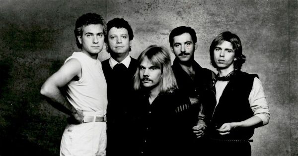 Image in QuizMyDay Come Sail Away With Me: The Ultimate Styx Quiz trivia quiz featuring Muscial group Styx, in a 1983 publicity photo. Pictured from left to right; Dennis De Young, John Panozzo, James Young, Chuck Panozzo, and Tommy Shaw.