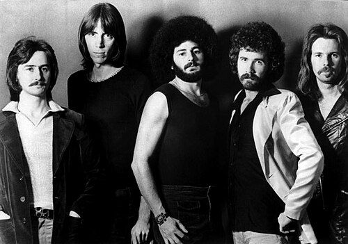 Promotional photo of the US rock group Boston.  From left: Barry Goudreau, Tom Scholz, Sib Hashian, Brad Delp, Fran Sheehan.