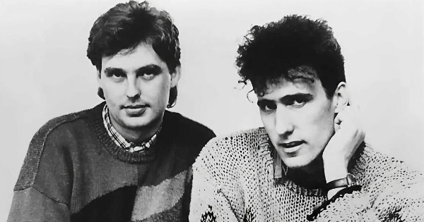 Image in QuizMyDay Electric Dreams: The Ultimate OMD Trivia Quiz trivia quiz featuring Orchestral Manoeuvres in the Dark in 1985. Pictured: Paul Humphreys (left) and Andy McCluskey.