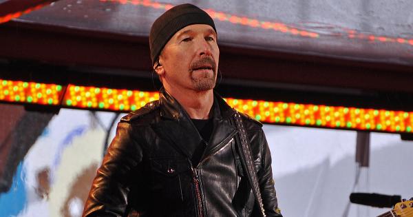 Image in QuizMyDay Name That Tune: U2 Edition – Can You Guess the Song? trivia quiz featuring the guitarist the Edge performing with U2 at the World AIDS Day Concert on 1 December 2014 in Times Square in New York City, NY