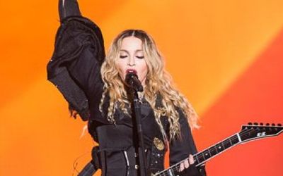 Collage depicting singer Madonna's at concert tours playing instruments