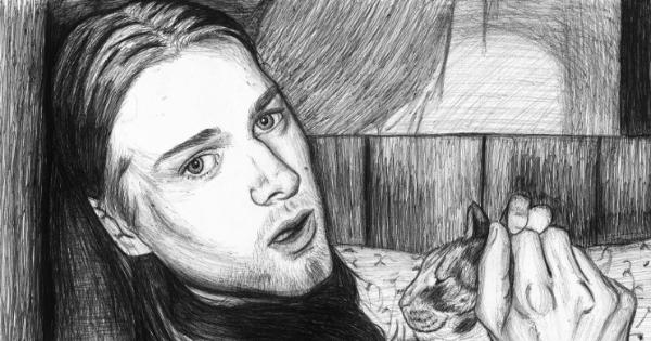 Image in QuizMyDay Nirvana Members Quiz — Test Your Grunge Knowledge trivia quiz featuring a Drawing of a photograph of Kurt Cobain with a cat.
