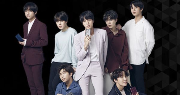 Image in QuizMyDay K-Pop Success in the US Quiz: Charts, Sales and Tours trivia quiz featuring A mobile advertisement of BTS for the LG G7 ThinQ cellphone