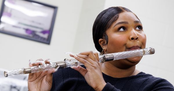 Image in QuizMyDay Juice Test: Lizzo Hit Songs Quiz Challenge Now trivia quiz featuring <p>Lizzo plays President James Madison's 1813 crystal flute in the flute vault at the Library of Congress, September 26, 2022. Photo by Shawn Miller/Library of Congress. 
</p>
Note: Privacy and publicity rights for individuals depicted may apply.
