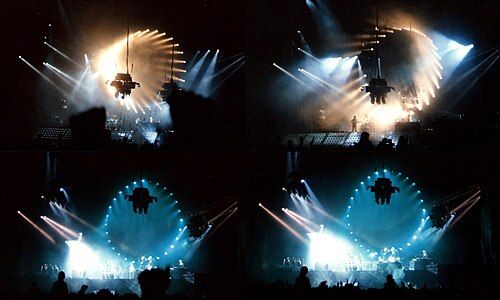 A montage of the stage during Pink Floyd's Momentary Lapse tour between 1987 and 1990.  Shot from the audience.  I have modified the image slightly, as the original had small gaps between each photograph.  Also levels adjusted two of the images to match the blacks.