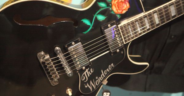 Dion's 1987 Gibson Wanderer Custom electric guitar on display at the Rock and Roll Hall of Fame, Cleveland, Ohio.