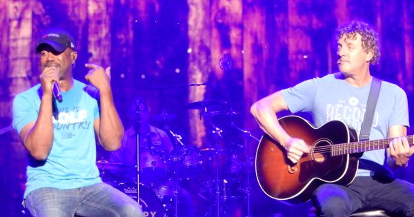 Image in QuizMyDay Hootie & the Blowfish Trivia Quiz  trivia quiz featuring Darius Rucker and Mark Bryan, singer and guitarist for Hootie &amp; the Blowfish, at Madison Square Garden, August 11, 2019.