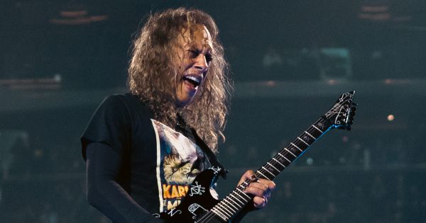 Image in QuizMyDay Enter Sandman: The Metallica Black Album Quiz trivia quiz featuring Kirk Hammett performing live with Metallica in Amsterdam on 29 April 2023 during the 2nd night of the M72 World Tour