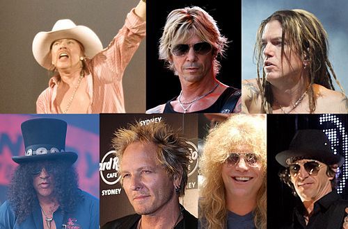Top row from left to right: Axl Rose, Duff McKagan, Dizzy Reed. Bottom row: Slash, Matt Sorum, Steven Adler, Izzy Stradlin. A crop/montage derived from images with Creative Commons licenses on Wikimedia Commons.