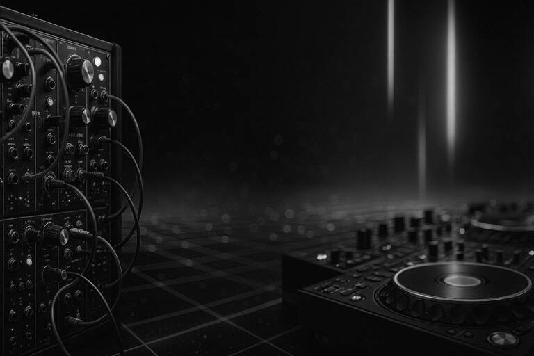 A DJ post with Electronic music equipment . This is the header picture for the Electronic music QuizMyDay category