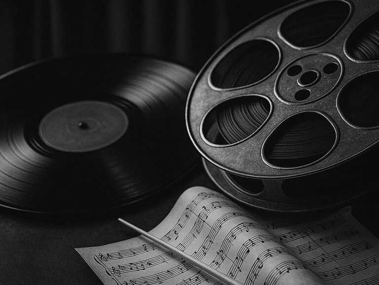 A movie film and a vinyl record . This is the header picture for the Movie Soundtrack QuizMyDay category